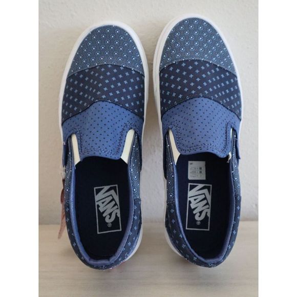 VANS Men's 6 Women's 7.5 Blue Tie Print Patchwork Classic Slip-On Shoes SIB - Picture 2 of 5